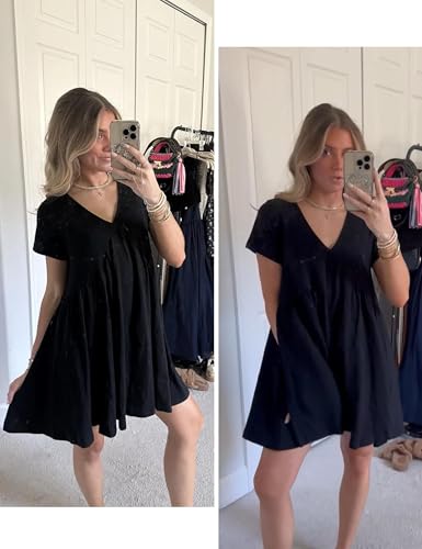 Image of Watashi Women's Summer Short Sleeve Mini Dress V-Neck Casual Loose Pleated Dress Doll Neck Short Dress with Pockets(Black-M), Medium