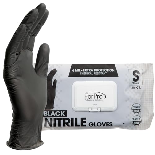 ForPro Professional Collection Disposable Nitrile Gloves, Chemical Resistant, Powder-Free, Latex-Free, Non-Sterile, Food Safe, 4 Mil, Black, Small, 30-Count