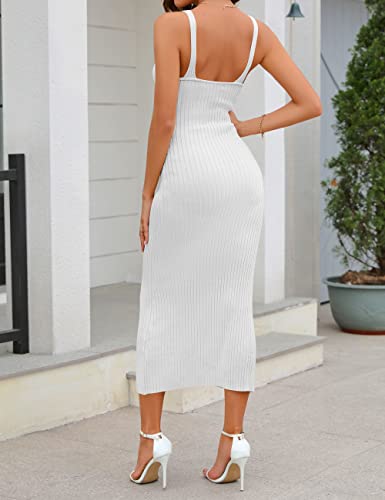 Merokeety Womens Summer Casual Sleeveless Rib Knit Slim Bodycon Midi Long Tank Dress,White,M #TOP2