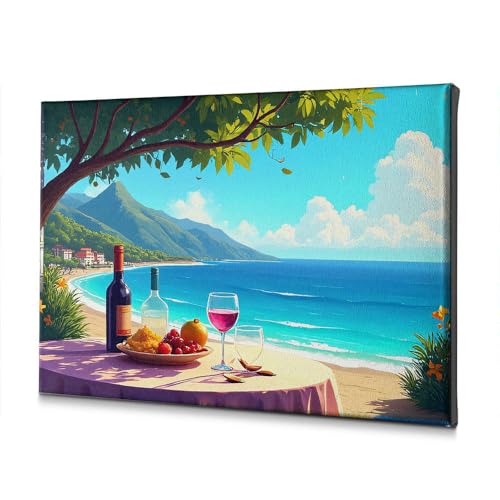 Toile décorative salon table vin fruits et océan 30x40
