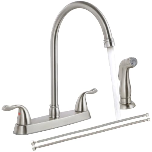SHACO Kitchen Faucets, 13 Inch High Arc Kitchen Sink Faucet with Side Sprayer, 2 Handle 8 Inch Centerset Sink Faucet with Supply Line, 360° Rotating Spout 3 or 4 Hole Mount, Brushed Nickel, SC-KF201