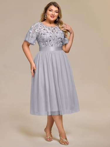 Image of Ever-Pretty Plus Women's Round Neck Embroidery Short Sleeves Sequin Tulle Midi Plus Size Cocktail Wedding Guest Dresses Grey US22