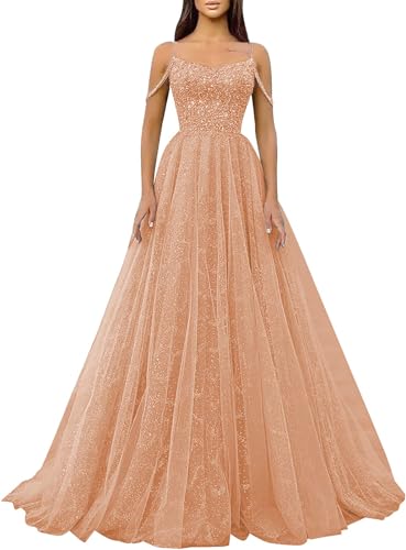 Générique Robe De Bal à Paillettes Scintillantes,Bretelles Spaghetti,en Tulle,Robe De SoiréE Formelle,Ligne A,éPaules DéNudéEs,Robe De SoiréE pour Femmes Rose Gold M