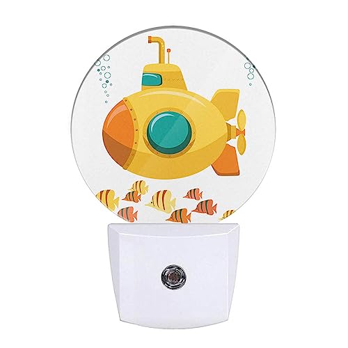 Image of Yellow Submarine Night Light Yellow Ship Underwater Undersea Fishes Night Lights Plug into Wall with Dusk-to-Dawn Sensor, Ocean Sea Beach Themed Boys Room Decor
