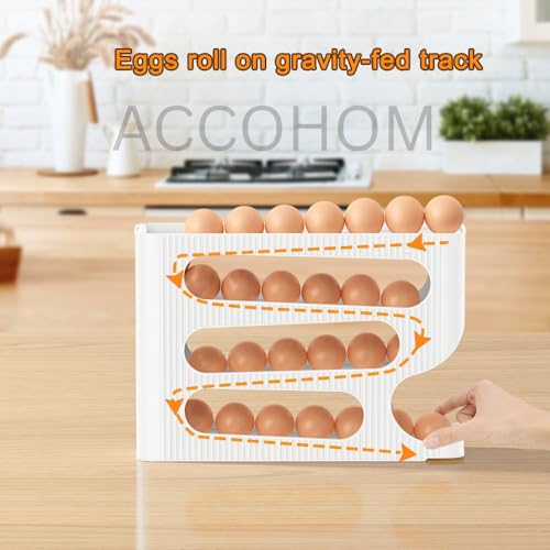 Image of 4 Tier Automatic Egg Dispenser for Refrigerator, Roll Down Egg Holder, 30 Eggs Storage Capacity, Space Saving Kitchen Fridge Organizer (White)