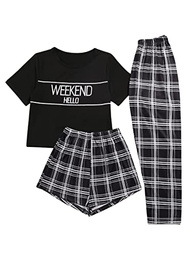 Sweatyrocks Women's 3 Piece Plaid Pajama Letter Print Short Sleeve Tee And Shorts Pants Set Black M #TOP12