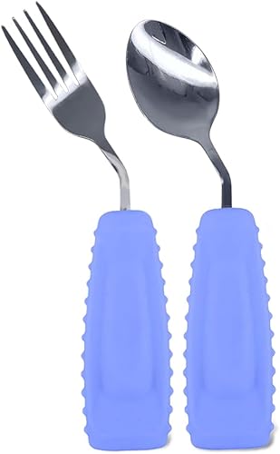 Cuchara y tenedor adaptativos fáciles de sostener para una alimentación independiente, utensilios con peso para temblores de manos (mano derecha, 1