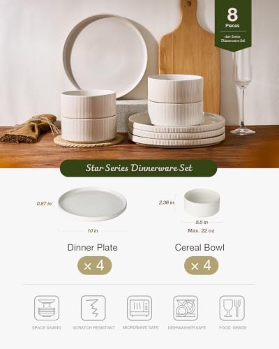 Image of Famiware Star 8-Piece Stoneware Dinnerware Sets for 4 - 10.5 inch Flat Dinner Plates & 23 oz Deep Cereal Bowls, for Everyday & Formal Use, Chip & Scratch Resistant, Microwave /Dishwasher Safe, Matte White