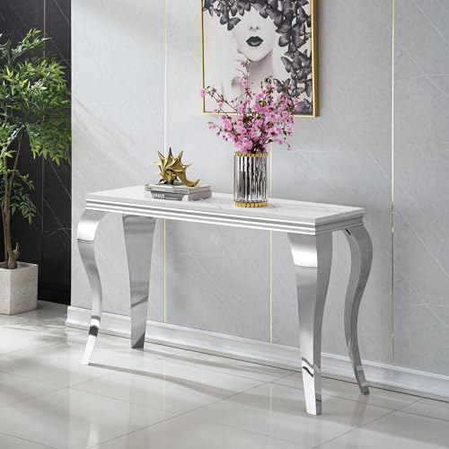 Image of Luxury Marble Console Table, White Faux Marble Top, Silver Stainless Steel S Legs, 46.8 inch Sofa Console Table Behind Couch, Modern Entryway Table for Hallway, Entrance, Foyer, Living Room