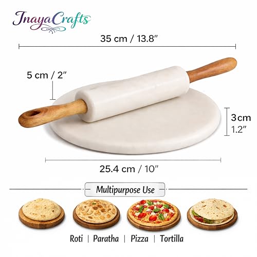Image of Marble Chakla Belan Set, Non Stick Roti Maker Board with Rolling Pin with Wooden Handle, Durable Kitchen Tool, White, 10 Inch Board and 14 Inch Rolling Pin