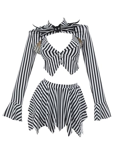 MEOWCOS Goth Bikini Swimsuit Gothic Black White Striped Personalized Bathing Suit Dark Style Goth Swimsuit