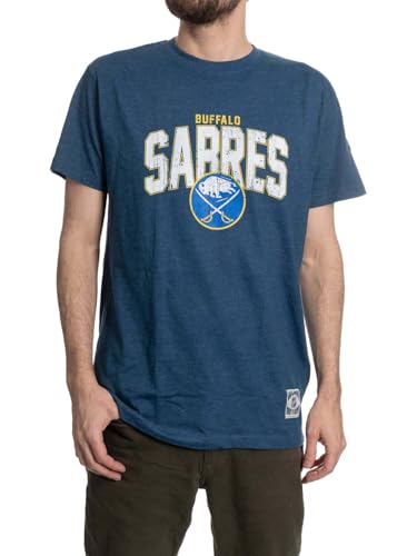 Calhoun NHL Surf & Skate Mens Vintage Style Distressed Heather Tone Rustic T-Shirt (Buffalo Sabres, Large)