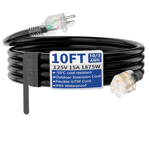 Cismorvex 10ft Outdoor/Indoor Extension Cord with Lighted 10/3 Gauge Ultra 3 Prong Heavy Duty SJTW Waterproof Flexible Cold-Resistant 15A 125V 1875W Black
