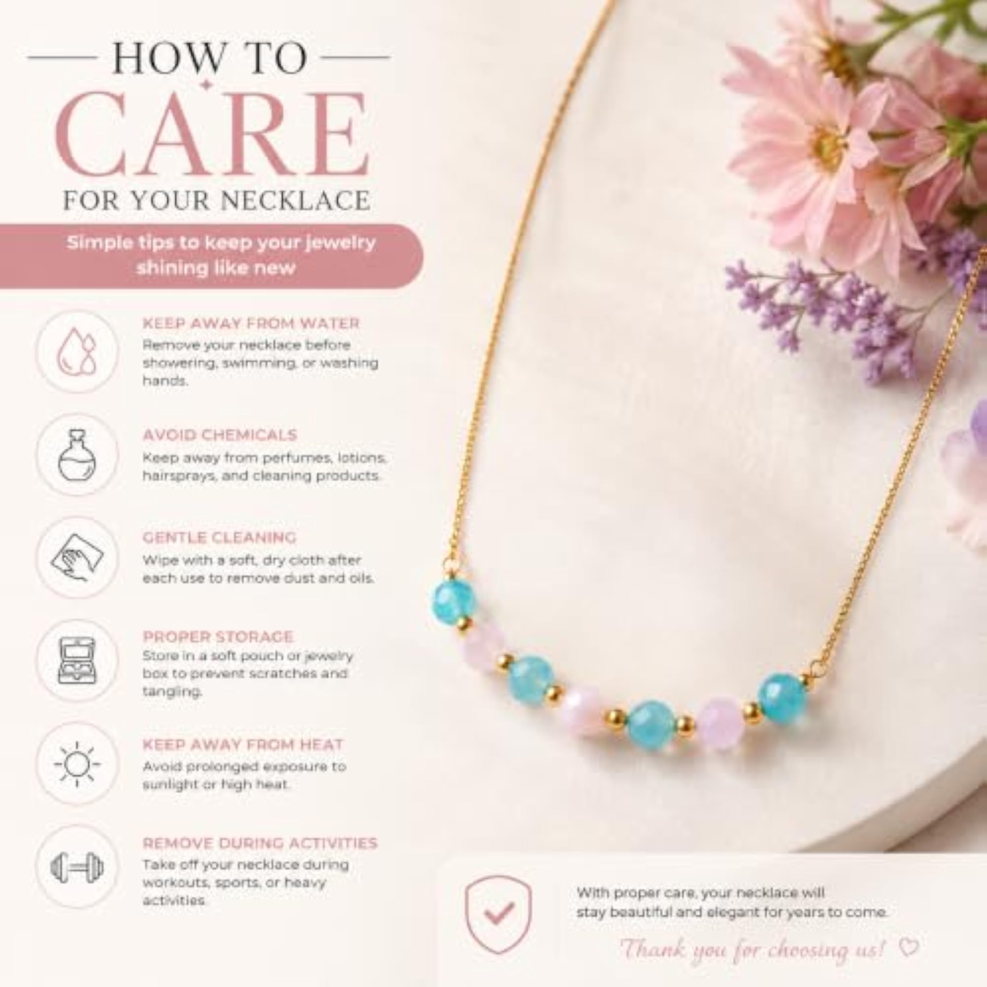 Premium Gold Tone Blue Pink Crystal Bead Necklace, Dainty Fashion