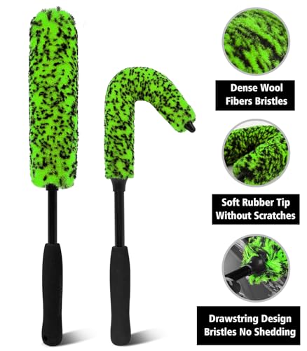 YeewayVeh Car Wheel Brush Kit, 3 Pack Scratch-Free Wheel Cleaner Brush and Detailing Brush, Wheel Car Cleaning Wash Brushes for Vehicle Motorcycle Rim Fenders Engine Exhaust Tips, Green&Black