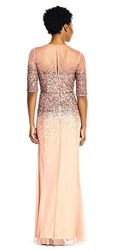 Adrianna Papell Women's 3/4 Sleeve Beaded Illusion Gown with Sweetheart Neckline, Rosegold, 6