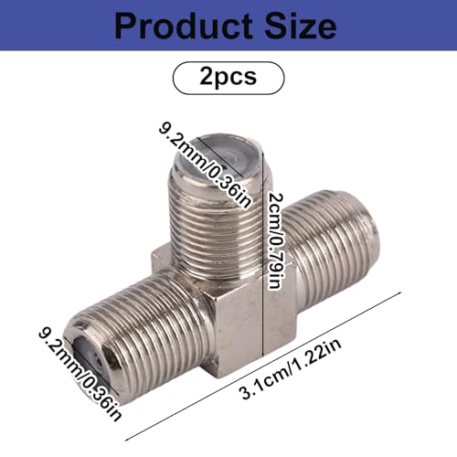 lasuroa 2pcs Coaxial Cable Splitter, Zinc Alloy 3 Way F-Type Female to Dual F Female 3-Way Aerial Splitter Antenna Combiner T-Shape Coax Connector Cable Adapter for TV Video VCR Satellite Tuner