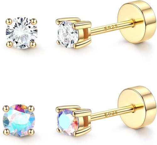 Diamday 2ペア シルバー925 ピアス レディース 人気 金属アレルギー対応 スタッドピアス ジルコニア 軟骨ピアス 小さい ピアス つけっぱなし シンプル 女性 アクセサリー (ゴールド-カラフルCZ/セット1)