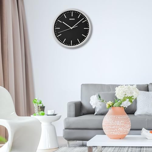Image of SEIKO Elegant Round Silver Plastic Analog Home Decor Black Dial Wall Clock with Sweep Movement (Size: 30.5 x 4.5 x 30.5 CM | Weight: 670 gram | Color: Silver)