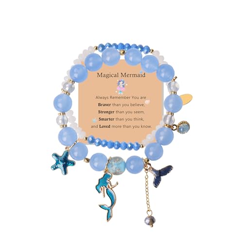 Image of LZ Emotion 2 Pcs Mermaid Bracelet Set Beaded Mermaid Charm Bracelets Starfish Summer Jewelry Mermaid Gifts Birthday Party Decoration