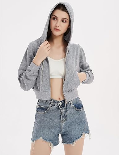 Image of Casual Wear Solid Crop Zipper Jacket Hooded Neck Full Sleeves with Kangaroo Pocket Hoodie for Women