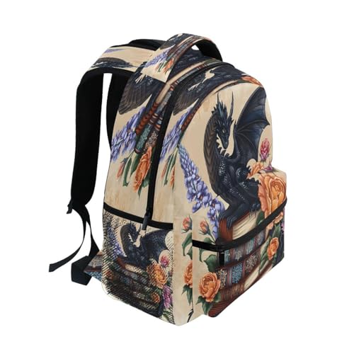 Black Dragon Book Flower Backpack for School Boys Girls Adults Kids Bookbag Laptop Bag 15L2