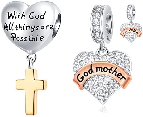 GEMDAZZ 2pcs Set Golden Cross Heart Charms and Godmother Sparkling Love Pendant in 925 Sterling Silver Fit Bracelet