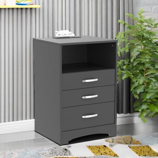 Miniatura 6 de Mesita de noche negra con 3 cajones con estación de carga, mesa auxiliar con almacenamiento abierto, mesita de noche, armario de almacenamiento para