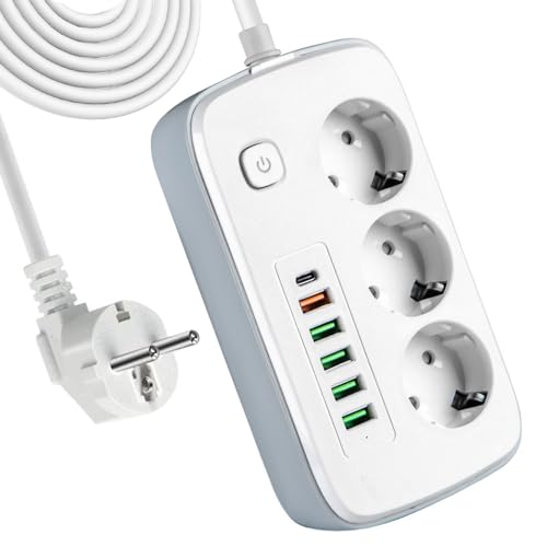 Lotvic Regleta Enchufes con USB, Ladron Enchufe, Enchufe Múltiple USB con 3 Tomas y 6 Carga Rápida USB, Proteccion Sobretension para Oficina, Cocina, Compatible con Móviles, Blanco