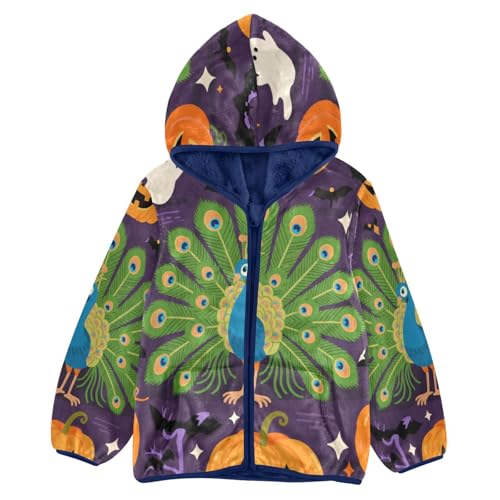 Halloween Peacock with Pumpkins Toddler Fleece Jacket Girl Boys Hooded Fleece Jacket Coat Warm Outwear Zip-up 3-10T