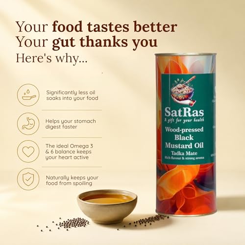 Image of SatRas Wood Pressed Mustard Oil 1 Ltr | Cold Pressed Kachi Ghani Sarso Oil | Wooden Kolhu Extracted Black Mustard Oil | Rich in Omega 3, 6 & Vitamin E, Unrefined, Chemical Free, Pure Indian Edible Oil