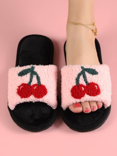 Coquette Cherry Slippers for Women Platform Fluffy Slides Slip On House Slippers Open Toes No Slip Chunky Sole Retro Warm Cotton Lined Comfort Wear Shoes Home Bedroom Christmas Gifts for Couples3