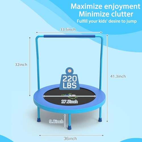 3FT Foldable Kids Trampoline, 36'' Indoor & Outdoor Mini Trampoline for Toddlers, Max Capacity 220 LBS, Adjustable Handlebar, Quiet & Safe Design
