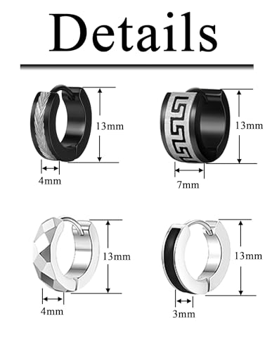 12 Pairs Hoop Earrings for Men Stainless Steel Huggie Earring Round Circle CZ Bevel Edge Unique Greek Key Hoops Piercing Jewelry Set Black Silver Tone2