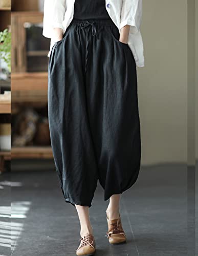 IXIMO Women's Linen Capri Pants Casual Loose Fit Wide Leg Harem Pocket Pleated Trousers3