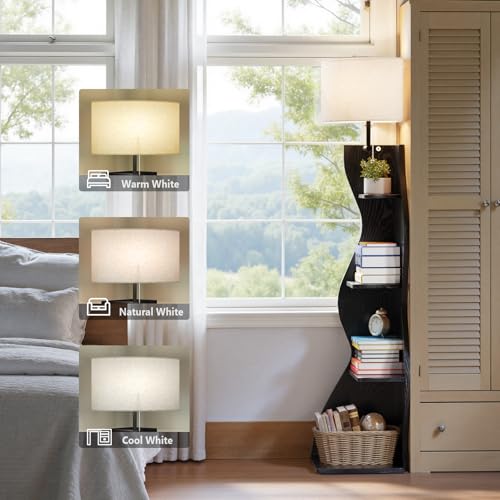 Image of Evermagin 4 Tier Corner Shelf with Light, 64'' Tall Corner Bookshelf with Unique Shape, Stylish Wavy Bookcase Tower with Storage Organizer for Small Space, Living Room, Bedroom (Black)