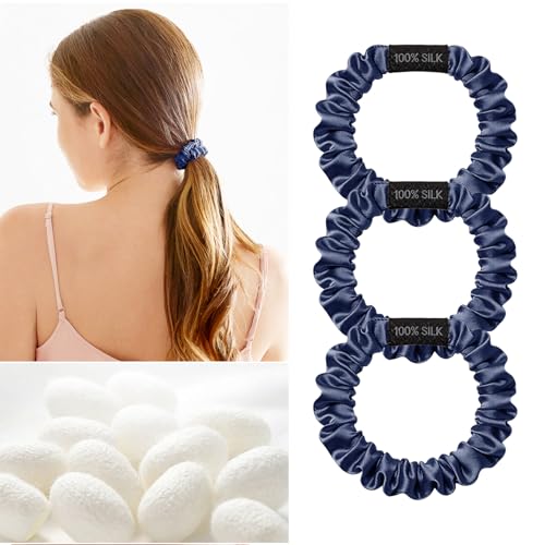 Image of THXSILK 100% Mulberry Silk Scrunchies 3-Pack, 25 Momme Mulberry Silk Hair Ties for Women, Sleek Low Profile No Damage Ponytail Holders, for Fine Hair & Everyday Use, Navy Blue