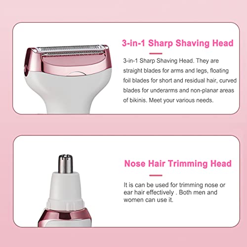Image of 4-in-1 Electric Razor, Women Shaver for Nose Face Eyebrow Bikini Leg | Nose Hair Trimmer for Women, Painless Hair Removal for Facial Armpit Mustache Arm Pubic, Lady Flawless Body Shaver for Travel