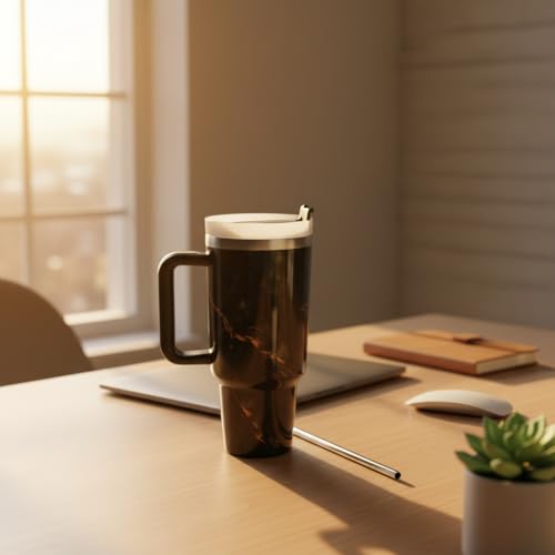 Image of Insulated Tumbler with Handle and Straw | BPA Free Reusable Travel Mug with Straw Mode Lid | Stain & Odour Resistant | Easy to Clean Drink Cup for Hot & Cold Beverages (Black)