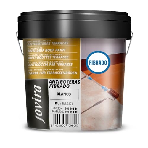 JOVIRA PINTURAS | 20 Kg | Pintura Impermeabilizante Antigoteras con Fibras – Sella Goteras y Grietas – Pintura Elástica para Terrazas, Tejados y Medianeras. (15 Litros, Blanco) A-45B