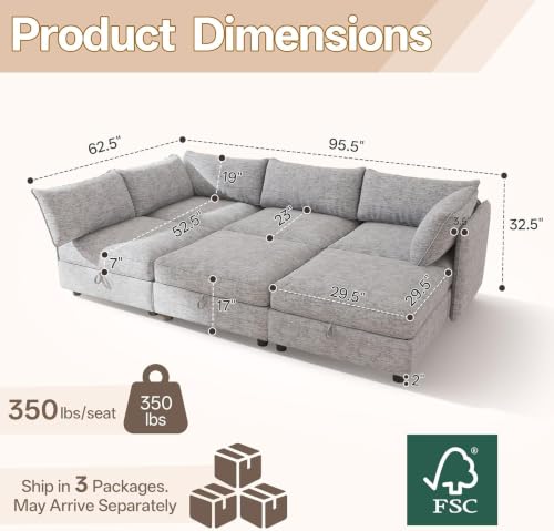 Image of 95.5 inch 6 Seat Modular Sectional Sleeper Sofa, Chenille Modern Modular Sofa Bed Hidden Storage, Convertible L&U Shaped Sleeper Couch with Ottoman, Couches for Living Room, Gray