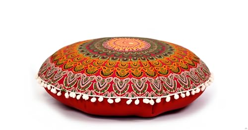 CRAFT KALA 22' Round Mandala Boho Pillow Cover Meditation Room Seating Poufs Cover for Living Room Yoga Room Home Bedroom Balcony Garden Party Decoration Cotton Floor Cushion Cover (Red Yellow)