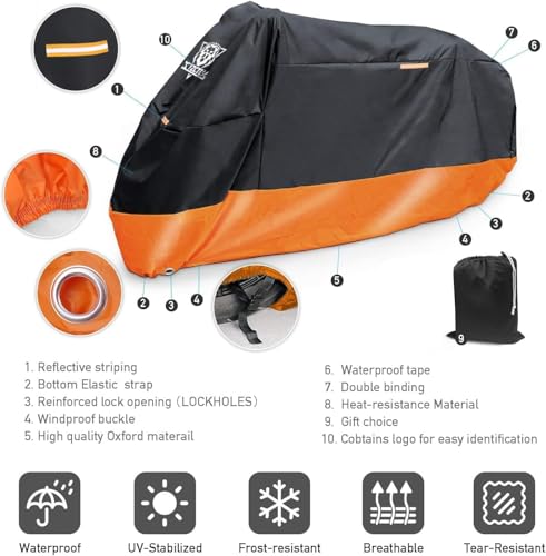 Image of XYZCTEM Motorcycle Cover - All Season Waterproof Outdoor Protection - Precision Fit up to 96.5 Inch Tour Bikes, Choppers and Cruisers - Protect Against Dust, Debris, Rain and Weather(XL,Black& Orange)