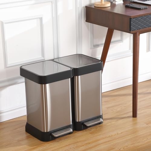 GarveeHome 10 Gallon Step-Open Dual Trash and Recycling Bin with Soft-Close Lid, Modern, Minimalistic for Home, Kitchen, Laundry Room, Office, Bedroom, Bathroom, Without Inner Bucket, 40L(2x20L)