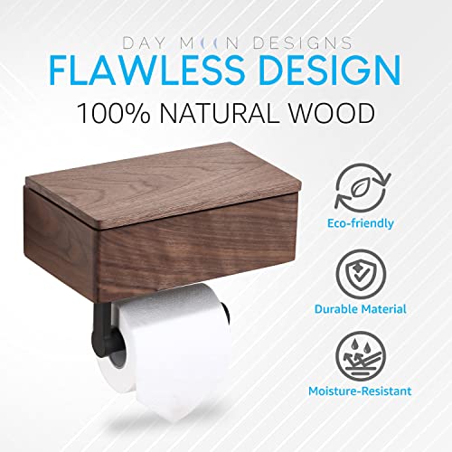 Day Moon Designs Wood Toilet Paper Holder-Wooden Wall Mount Toilet Paper Holder With Shelf As Flushable Wipes Dispenser,Bathroom Storage,Phone Holder Box,Restroom Storage, Black Walnut Wood,Dark Wood #TOP5