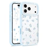 Lafunda iPhone 17 Pro 用 ケース クリア フラワープリント ダイヤモンド装飾 女の子 可愛い 透明 エッジキラキラ 花柄 TPU 軽量 衝撃吸収 落下保護 アイフォン 17 Pro 用 スマホカバー ブルー