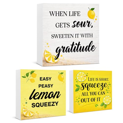 3 Pcs Lemon Kitchen Decor, Lemons Inspirational Quote Wooden Decorative Sign, Summer Home Decor for Kitchen Counter Tiered Tray 5x5 Inch