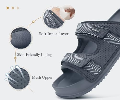 KuaiLu Mens Casual Sandals Comfortable Orthopedic Arch Support Plantar Fasciitis Summer Beach Sport Walking Shoes Waterproof Memory Foam Cushion Slides Slip On Slippers Wide Indoor Outdoor Grey Size 93