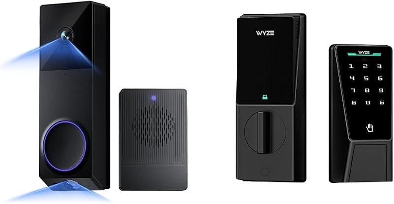 Paquete de timbre de vídeo inalámbrico WYZE Duo Cam (timbre incluido) + bloqueo de palma Wyze, vídeo Full HD 2K, 2 cámaras (personas y paquete), cerraduras inteligentes de entrada sin llave para puerta delantera, batería dual, Wi-Fi