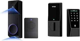 Paquete de timbre de vídeo inalámbrico WYZE Duo Cam (timbre incluido) + bloqueo de palma Wyze, vídeo Full HD 2K, 2 cámaras (personas y paquete), cerraduras inteligentes de entrada sin llave para puerta delantera, batería dual, Wi-Fi